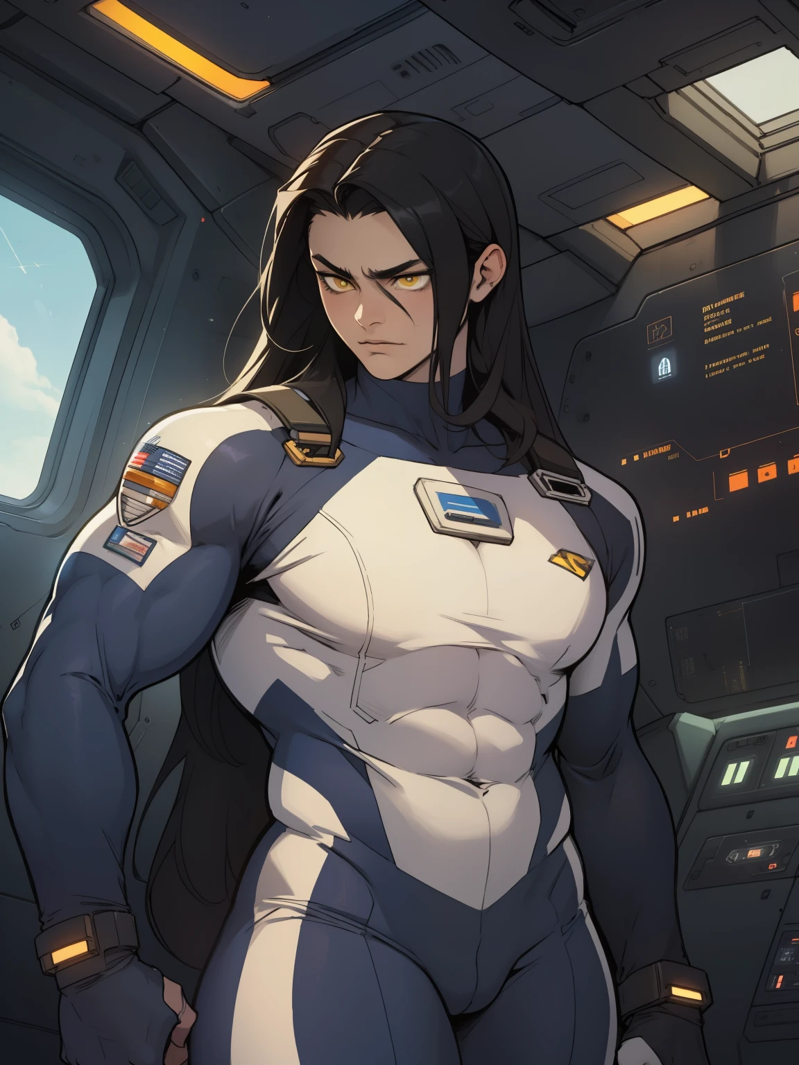 massive hair huge  giant muscles expressionless sad girl black hair long hair yellow eyes pale skin extremely thick ((alien suit inside spaceship cockpit))