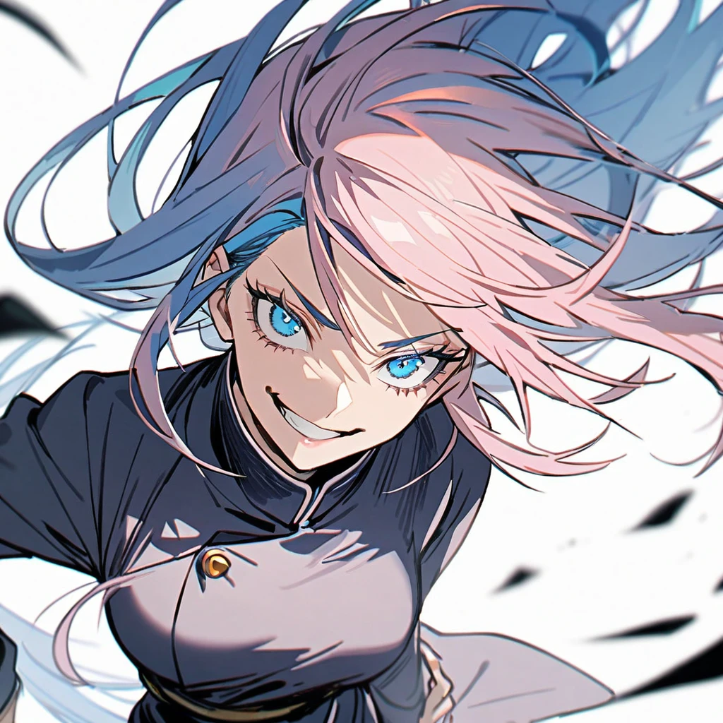 1 girl in jujutsu kaisen style, long hair, light pink hair,blue hair tips, light blue eyes (detailded), Grinning, jujutsu sorceress uniform,hand on the waist, tilted face, White background