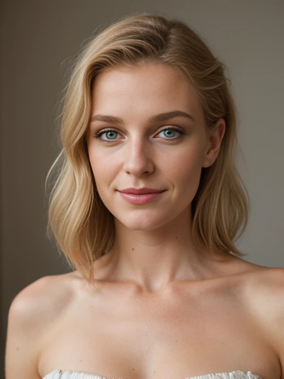 Photographie de 1 superbe fille de 23 ans , avec une robe de soirée décolletée, cheveux blonds, yeux clairs, peau hâlée, poitrine généreuse, corps pulpeux, à Paris, Portrait photographique, Souriant, regarder la caméra , éclairage spectaculaire, magnifique, beauté naturelle, clivage profond, séance photo, occidental, meilleure qualité, Haute résolution, fond extrêmement détaillé, peau avec pores, éclairage cinématographique