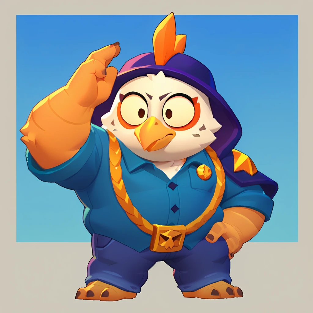 an obese anthropomorphic owl, bulging eyes, oval yellow beak, dressed in a blue polo shirt, purple jeans with orange trim on the side, gold sinture, brawl, brawl stars