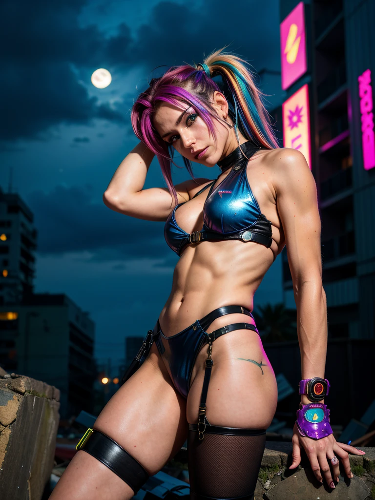 photo in cyberpunk style, athletic body, ideal body, post-apocalysis, sexy cyborg girl, multi-colored hair, sexy outfit in cyberpunk style, posing on the rubble, looking at the viewer, night, moonlight passing through the hair
