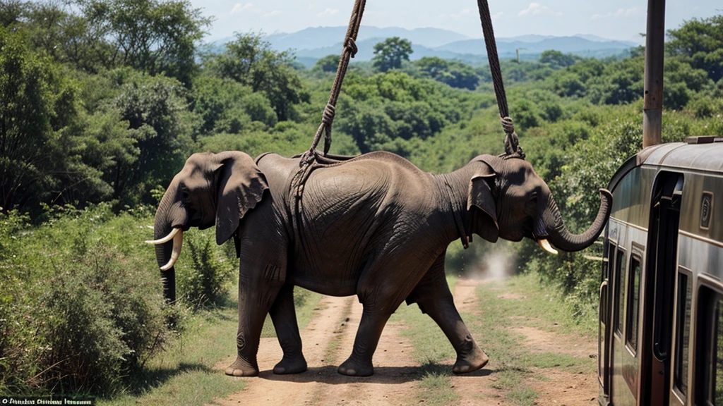 An elephant is hung from a train by a rope around its neck