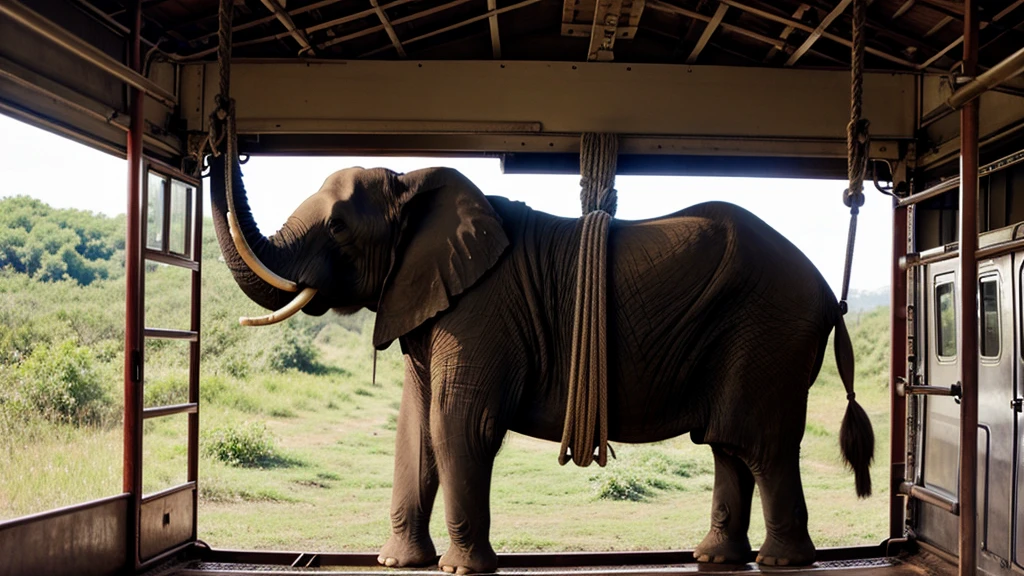 An elephant is hung from a train by a rope around its neck