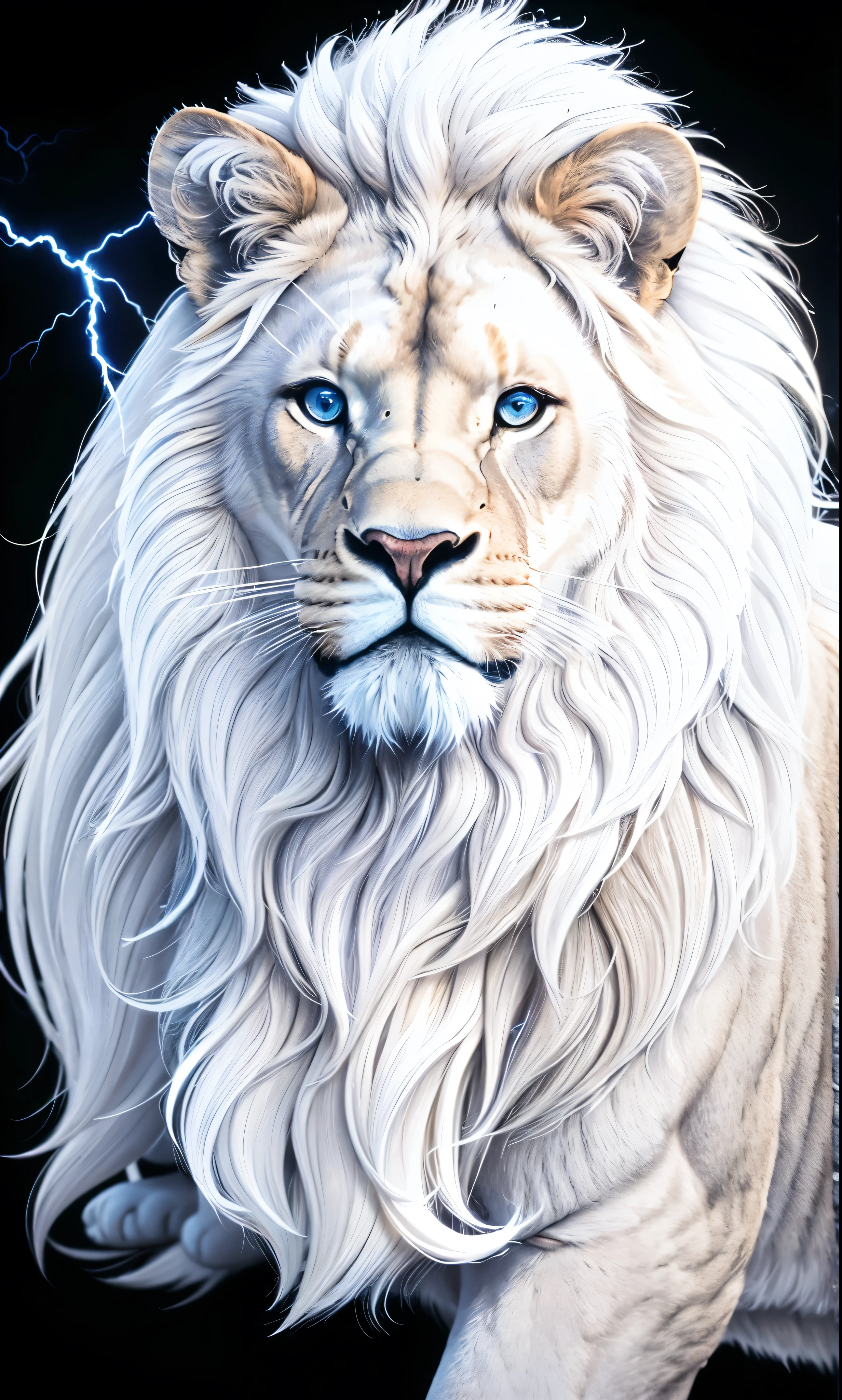 Lion, Divine Lion, naturals, thunder, Realistic Lion, rey, realistic detailed, Sunset light, sky, Sol noturno, realistic detailed 16K, Eletricidade Detalhada 8K, Darkness Background, Texturas realistas de 8K, Cores photorrealistic 8K, fire azul, realistic detailed Fire Bolt, sky Light Detailed, Power of thunder, Realistic Divine, gold color, Divine gold, Golden light, naturey, linda, Rendering, photorrealistic, UltraHigh definition, 4K, detailed textures, thunder, detailed shadows, detailed colors, neon blue, blue light, lightning strikes, blue power, naturey linda, Great Divine, peaceful face, naturalss, lightning strike, Electric Power Screw, detailed contrast, realistic contrast, high resolution, detailed colors, fire, villany, divine creature, 8K FullHD, realistic detailed, 16K, 8K, High definition, detailed contrast, realistic contrast, high resolution, detailed colors, fire, villany, divine creature, 8K Realistic Lion Face, realistic detailed, chic, elegance