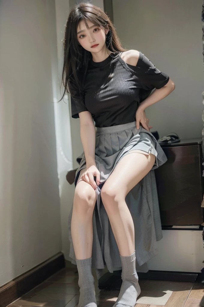 High ,loose socks,Grey Skirt,skirt lift