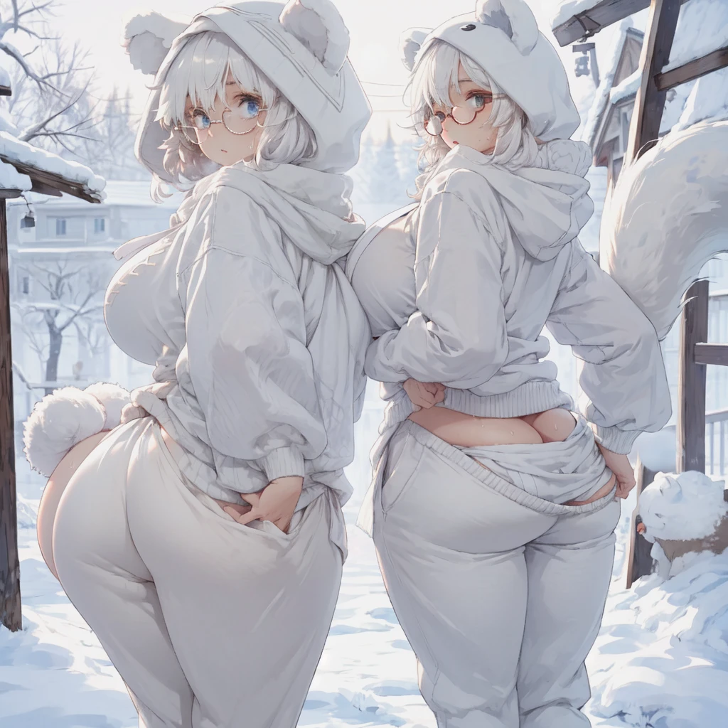 1girl, Fluffy White Haircut, with white Round Glasses,(with white scarf, with white sweater shirt,sweatpants, with white bear hood up, with Tail),(huge breasts,huge butt), Living in a cold russian village.