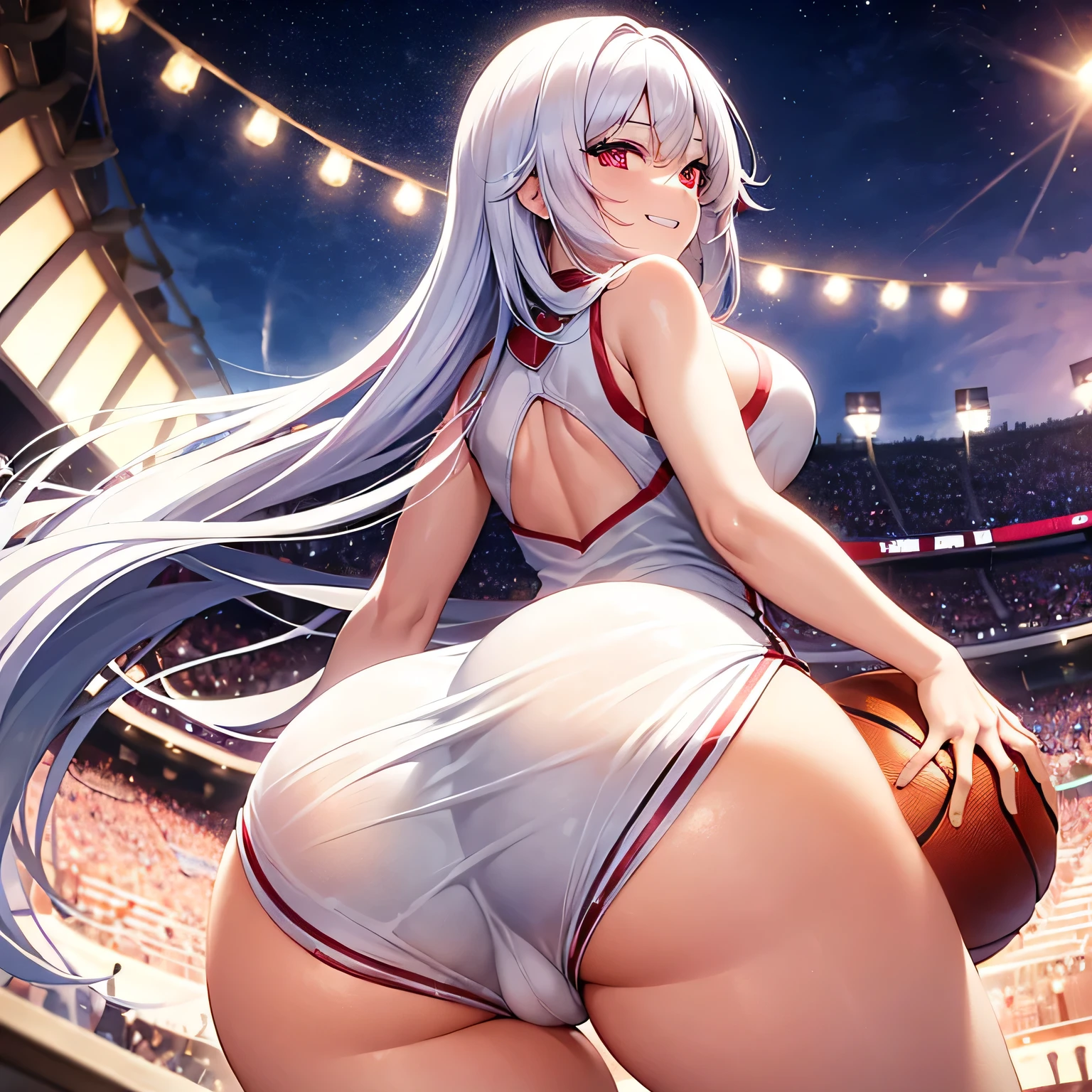 a girl with a big ass, red eyes and white hair, she is smiling, your butt marked in our dress basketball, she is playing basketball.