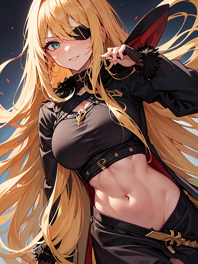 ((masterpiece)), ((best quality)), 1girl, adult, long hair, big bust, ((blonde hair)), very long blonde hair, ((intimidant look)), ((close-up)), profile image, green eyes, black and red clothes, sexy, dark colors, brillant eyes, ((coat with fur)), ((wavy hair)), exposed skin, ((sexy pose)), ((intimidant look)), good anatomy, ((dark sage clothes)), ((straight cut bangs)), emotionless, intimidant, ((beautiful eyes)), dark background, close up, ((detailed eyes)), beautiful eyes, ((detailed face)), hair bang, frontal look, evil, relaxed, smile, magical goddess othinus, abs, detailed face, eyepatch, huge tits, full body, ((detailed))