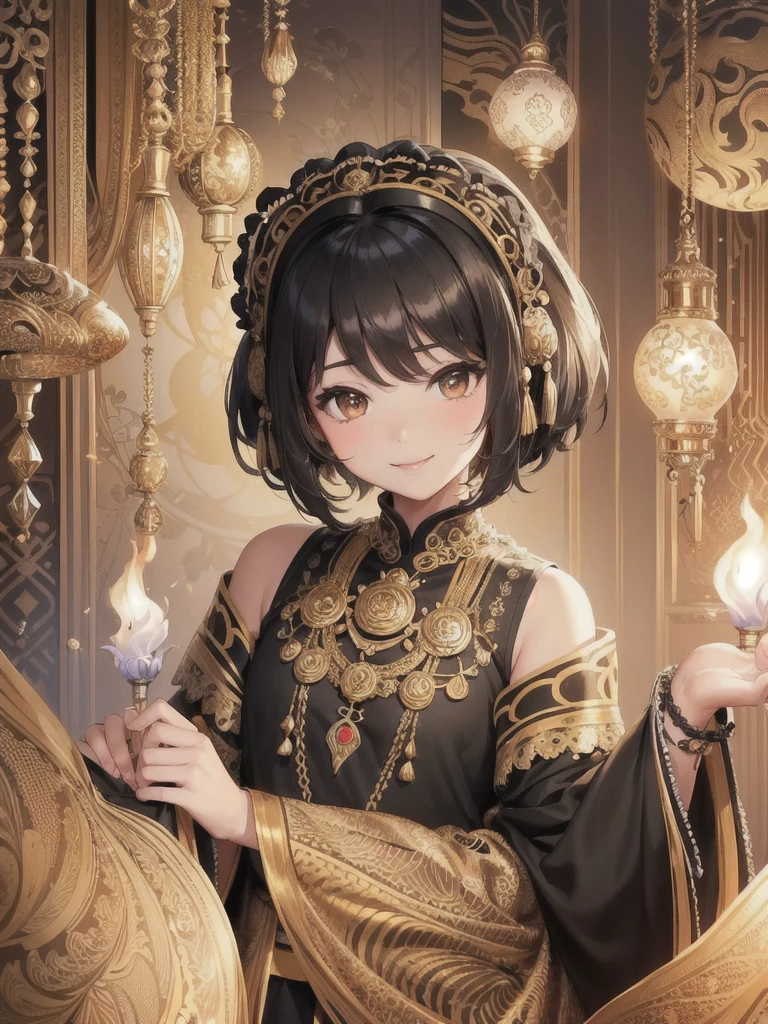 (masterpiece, top quality, best quality, official art, beautiful and aesthetic:1.2), (1girl:1.3), (fractal art:1.3), Javanese  with brown eyes, black short hair, and brown skin. She's 10 years old. Wearing Indonesian elementary . Smiling happily.