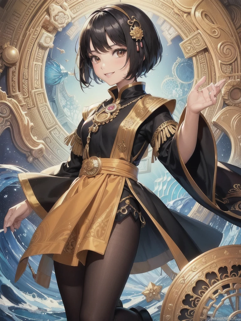 (masterpiece, top quality, best quality, official art, beautiful and aesthetic:1.2), (1girl:1.3), (fractal art:1.3), Javanese  with brown eyes, black short hair, and brown skin. She's 10 years old. Wearing Indonesian elementary . Smiling happily.