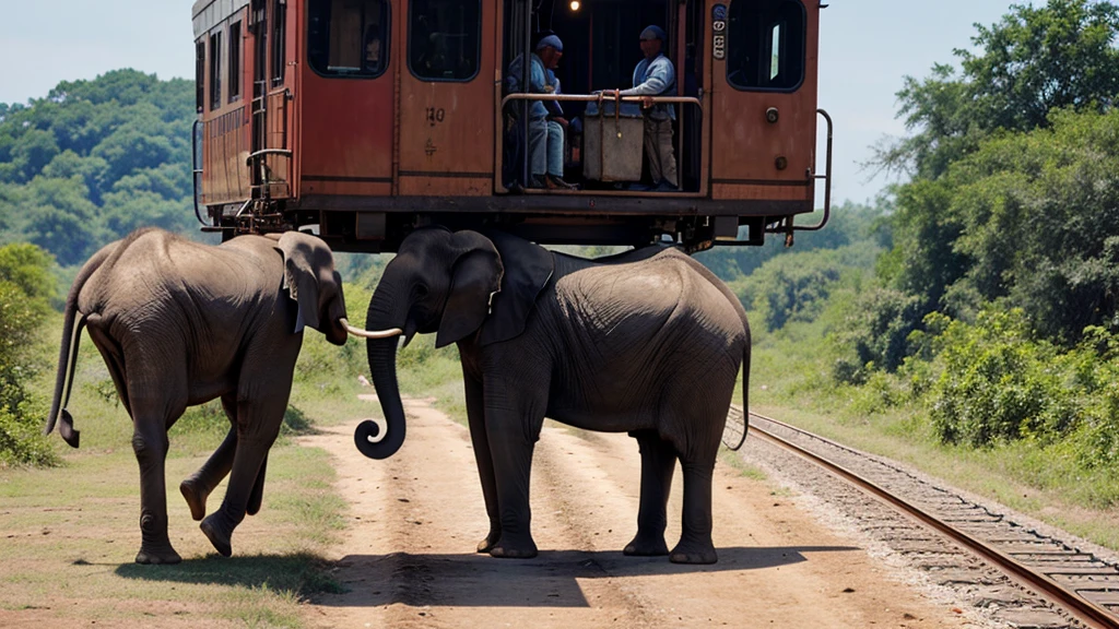 An elephant is hung from a train by a rope around its neck