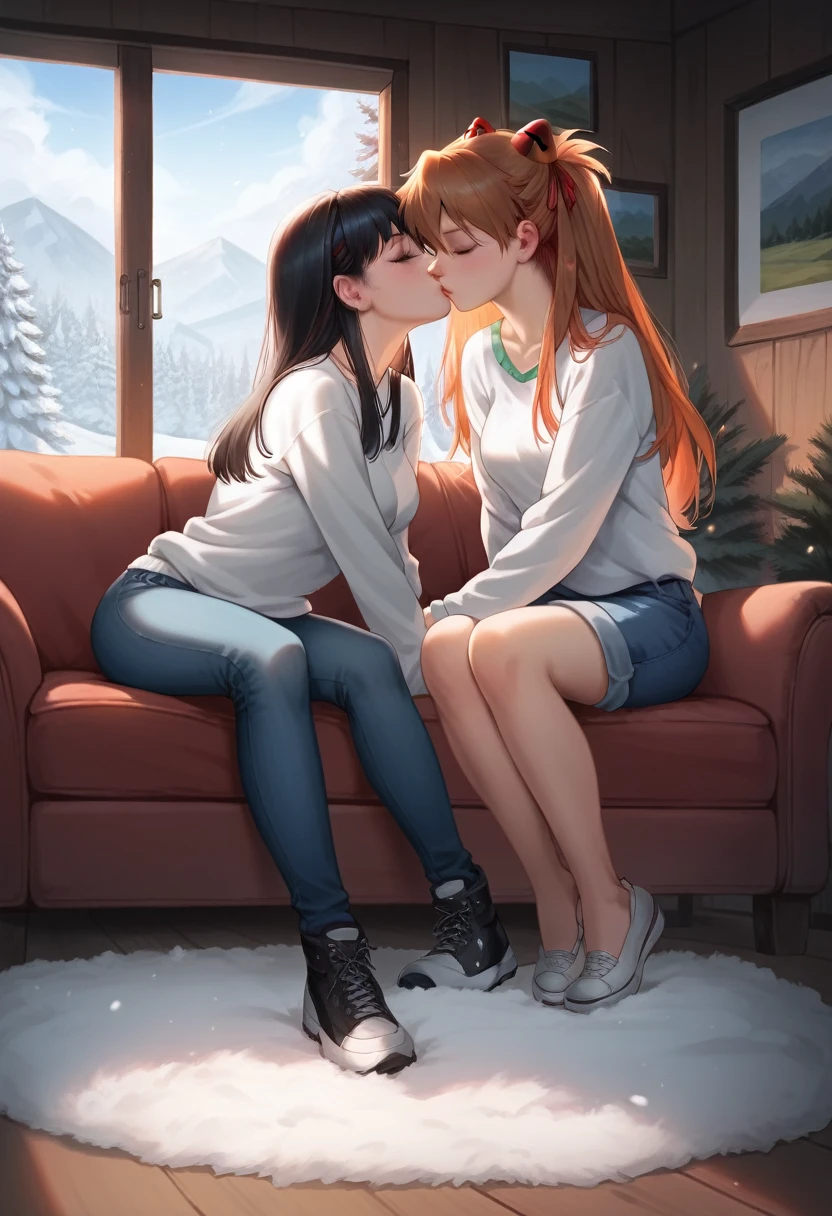 best quality, 4k, high resolution , anime girl , young girl, 24 years old, bangs, long hair, relaxed face, perfect shot, perfect anatomy, detailed face, detailed eyes, snowy background , cabin , tall girl , 2 girls, realistic, 4k , masterpiece , ilustration, digital art, full body, sohryu_asuka_langley, sitting , chimney, fur rug, sofa, asuka langley sitting with a black hair girl, kiss, kissing