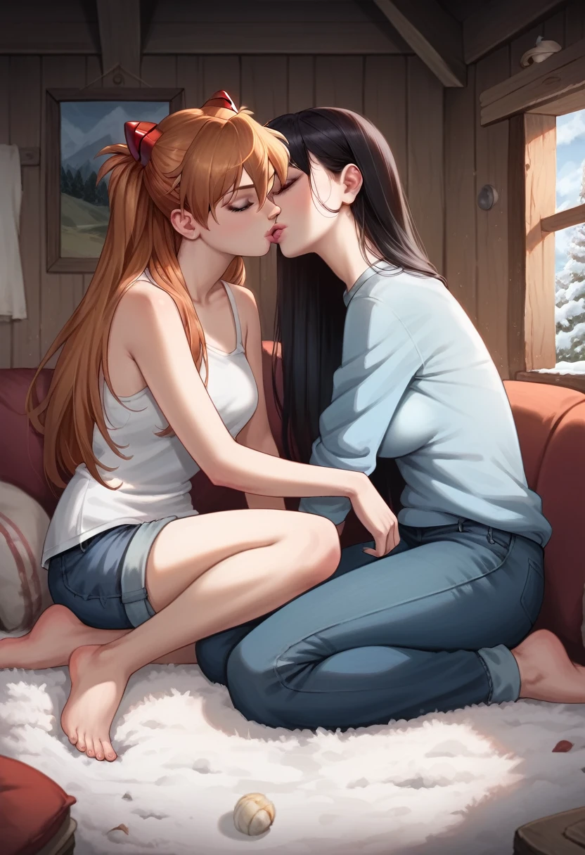 best quality, 4k, high resolution , anime girl , young girl, 24 years old, bangs, long hair, relaxed face, perfect shot, perfect anatomy, detailed face, detailed eyes, snowy background , cabin , tall girl , 2 girls, realistic, 4k , masterpiece , ilustration, digital art, full body, sohryu_asuka_langley, sitting , chimney, fur rug, sofa, asuka langley sitting with a black hair girl, kiss, kissing