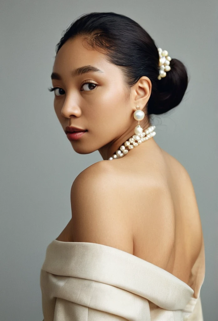 A photo of a woman. Body facing away from camera, looking back over her shoulder towards the camera. Mixed race woman, Korean Nigerian. Pose is inspired by Girl with a pearl earring. Top pulled down to show a bare shoulder
