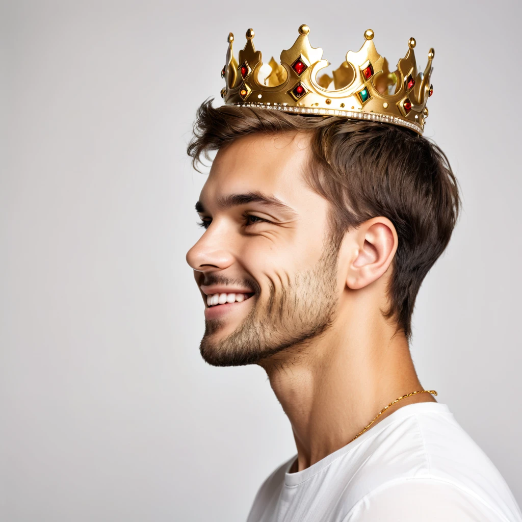 Side view portrait of assertive handsome young men wearing a golden crown, profile face, being self-confident, smile on her face. Indoor studio shot isolated on white background.