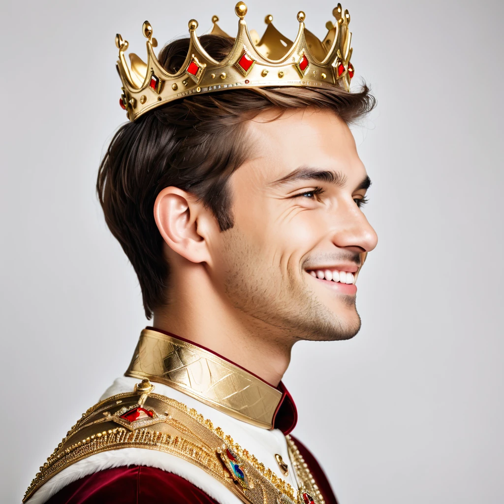 Side view portrait of assertive handsome young men wearing a golden crown, profile face, being self-confident, smile on her face. Indoor studio shot isolated on white background.