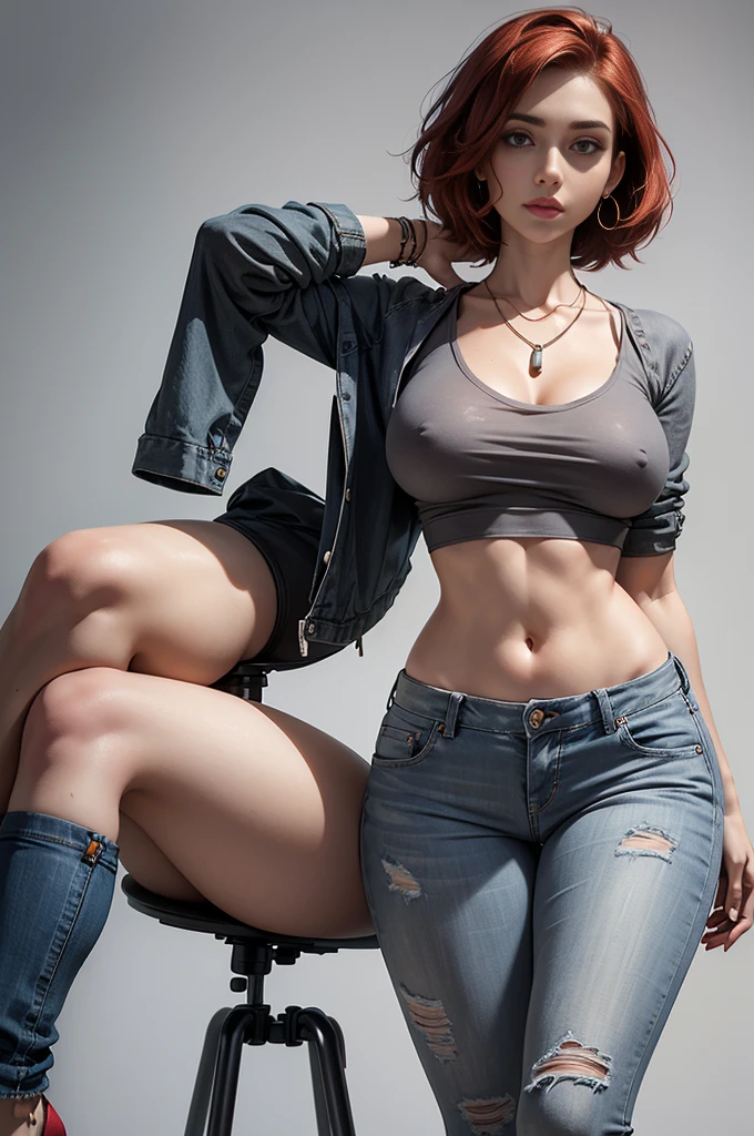 20 year old girl, Emily Rudd, red short hair, curvy body, slim waist, large breasts, grey jeans, white crop top, long legs, plain grey background, model pose, necklace, earrings