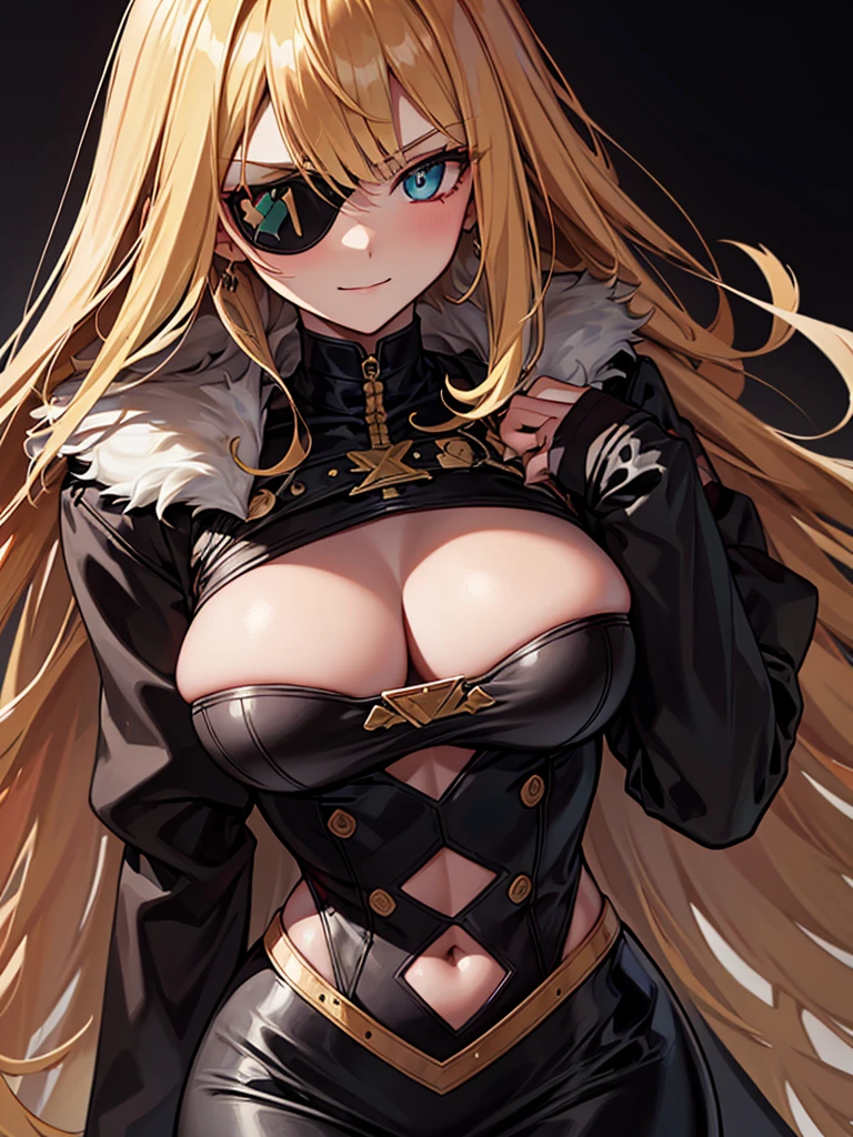 ((masterpiece)), ((best quality)), 1girl, adult, long hair, big bust, ((blonde hair)), very long blonde hair, ((intimidant look)), ((close-up)), profile image, green eyes, black and red clothes, sexy, dark colors, brillant eyes, ((coat with fur)), ((wavy hair)), exposed skin, ((sexy pose)), ((intimidant look)), good anatomy, ((dark sage clothes)), ((straight cut bangs)), emotionless, intimidant, ((beautiful eyes)), dark background, close up, ((detailed eyes)), beautiful eyes, ((detailed face)), hair bang, frontal look, evil, relaxed, smile, magical goddess othinus, abs, detailed face, eyepatch, huge tits, full body, ((detailed))