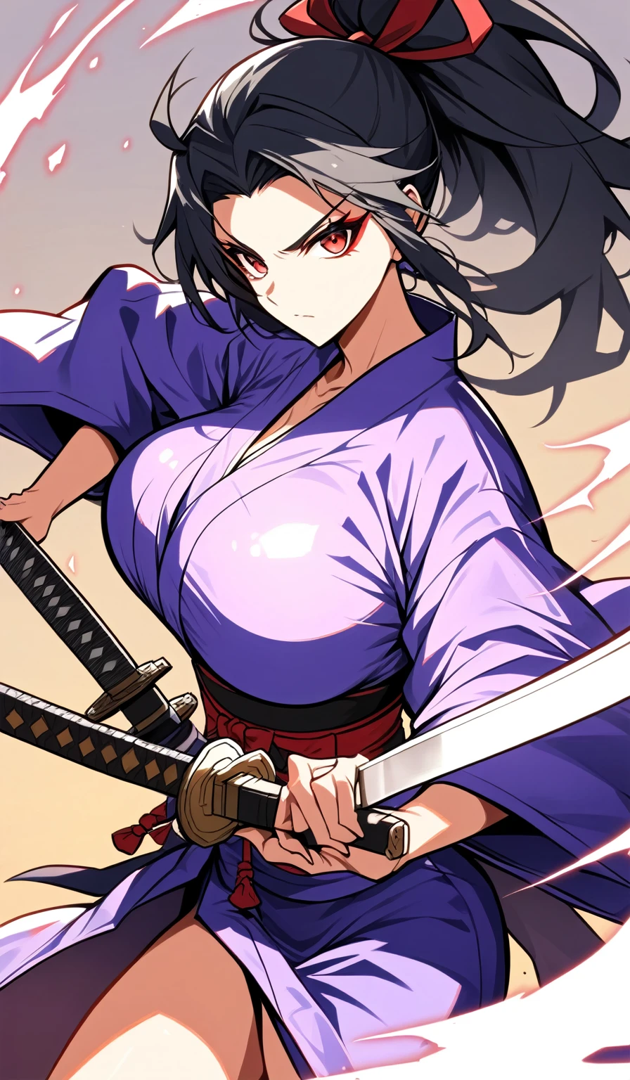 1 woman, Beautiful samurai woman in purple yukata and katana in her hands, and black hair, red eyes, huge breast. She’s in battle position, anime girl with sword, from arknights, badass anime 8 k, she is holding a katana sword, female anime character, katana, female action anime girl, katana zero, katana zero video game character, female samurai, anime style 4 k, unsheathing her katana, inspired by Okumura Masanobu