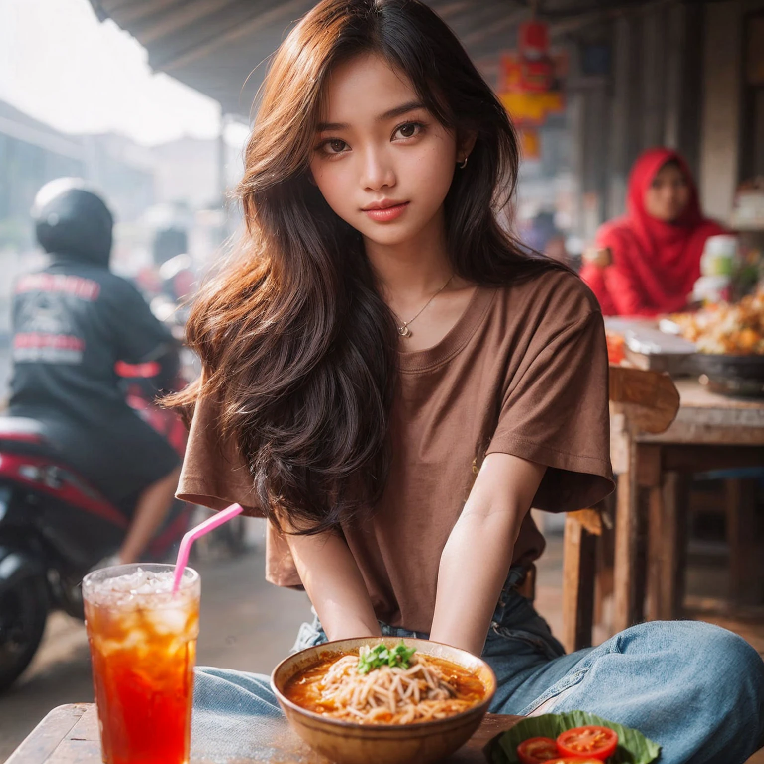 A beautiful young Indonesian girl, sitting at a street food stall in Surabaya city, Indonesia. On the table, there is already nasi rames (mixed rice dish) and iced tea. She is wearing an oversized t-shirt, realistic, UHD, 8K.