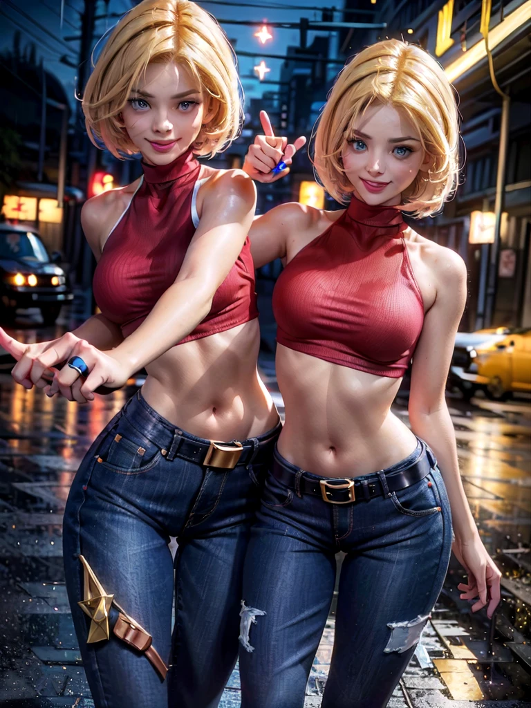 30-year-old woman, alone, athletic, jacket, semi-short blonde hair, wears a tight red crop top, wears blue dogger pants with a large star painted inside a circle on her left leg, has a huge colored belt brown hanging almost falling off his waist, wears blue fingerless gloves, wears brown boots, smiling at viewer, pointing at viewer, high resolution, absurd, intricate, sharp focus, sunset on the beach, 40 megapixels, 500 dpi, best quality, masterpiece, high resolution, perfect image, highly detailed, high contrast, digital colors, simple, medium shot, cinematic, ultra sharp focus, award-winning photography, perfect contrast, high sharpness, depth of field, ultra detailed photography, global illumination, fluid, ultra high definition, 8k, Unreal Engine 5, ultra sharp focus, award winning photography, art season trends,