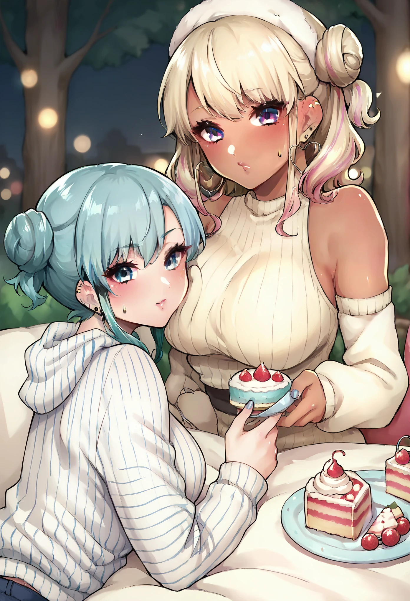 adult curvy women, cake, gyaru, fur hat, tree, detached sleeves, white sweater, hair bun, medium hair, striped shirt, headphones, multiple girls, leopard print, hair behind ear