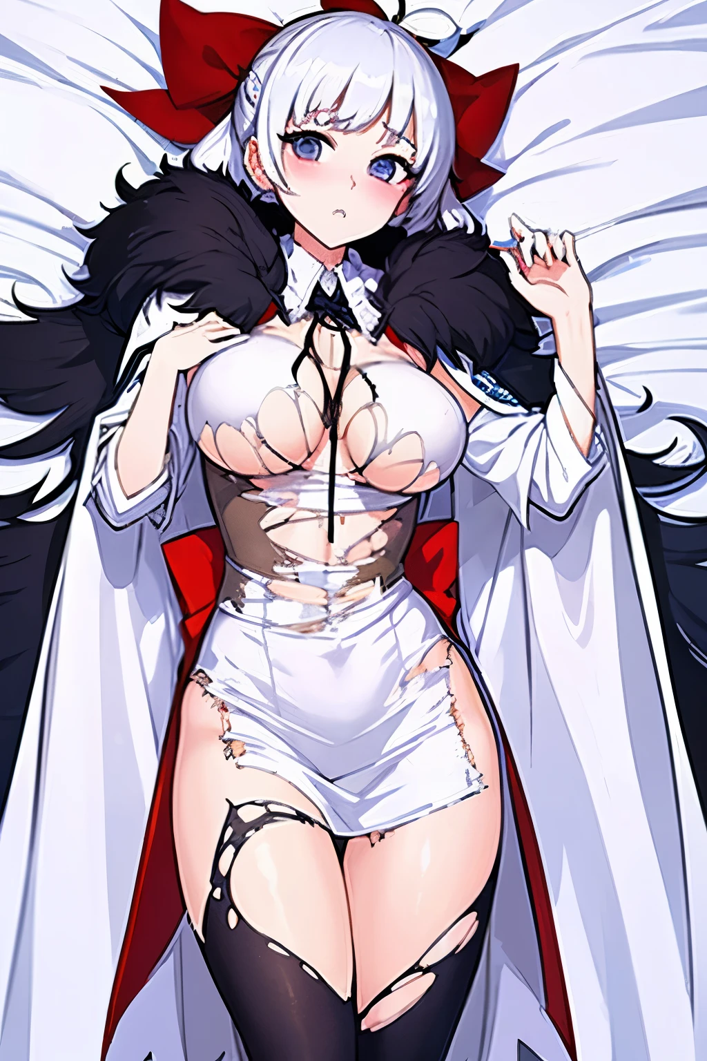 best quality,masterpiece,1girl, solo, (torn clothes:1.3), ,white_nails, fur_cloak, grey_cloak, robe, white_robe, wide_sleeves, neck_ribbon, ribbon, jewelry, ring,in bedroom,floating_clothes
