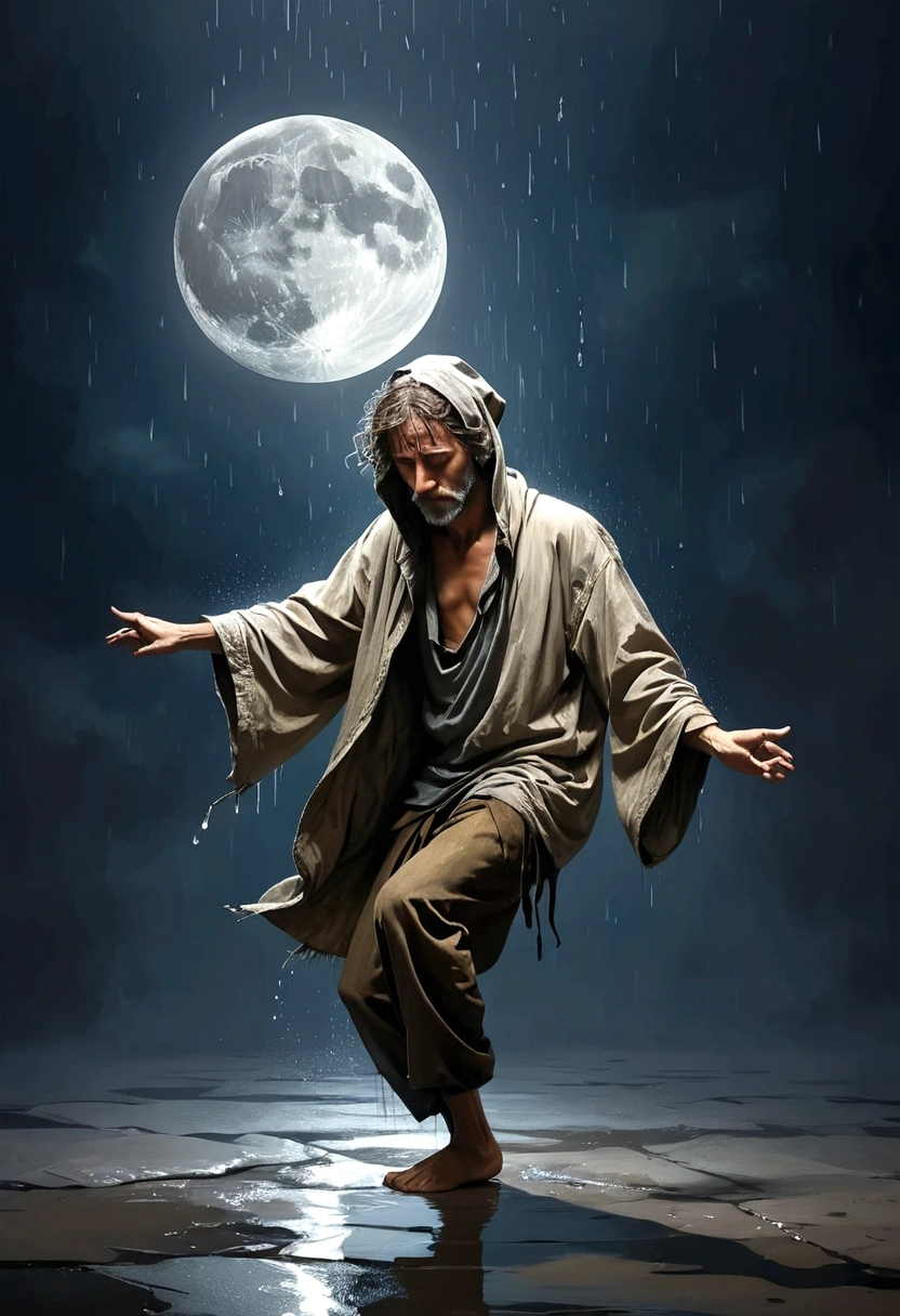 Soul Dancer Mark,A homeless man dances alone in the moonlight and rain,barefoot,Loose and worn clothing,Professional Action,Highly contagious,splash,Light and Shadow,Minimalism,artistic conception,Clean background
