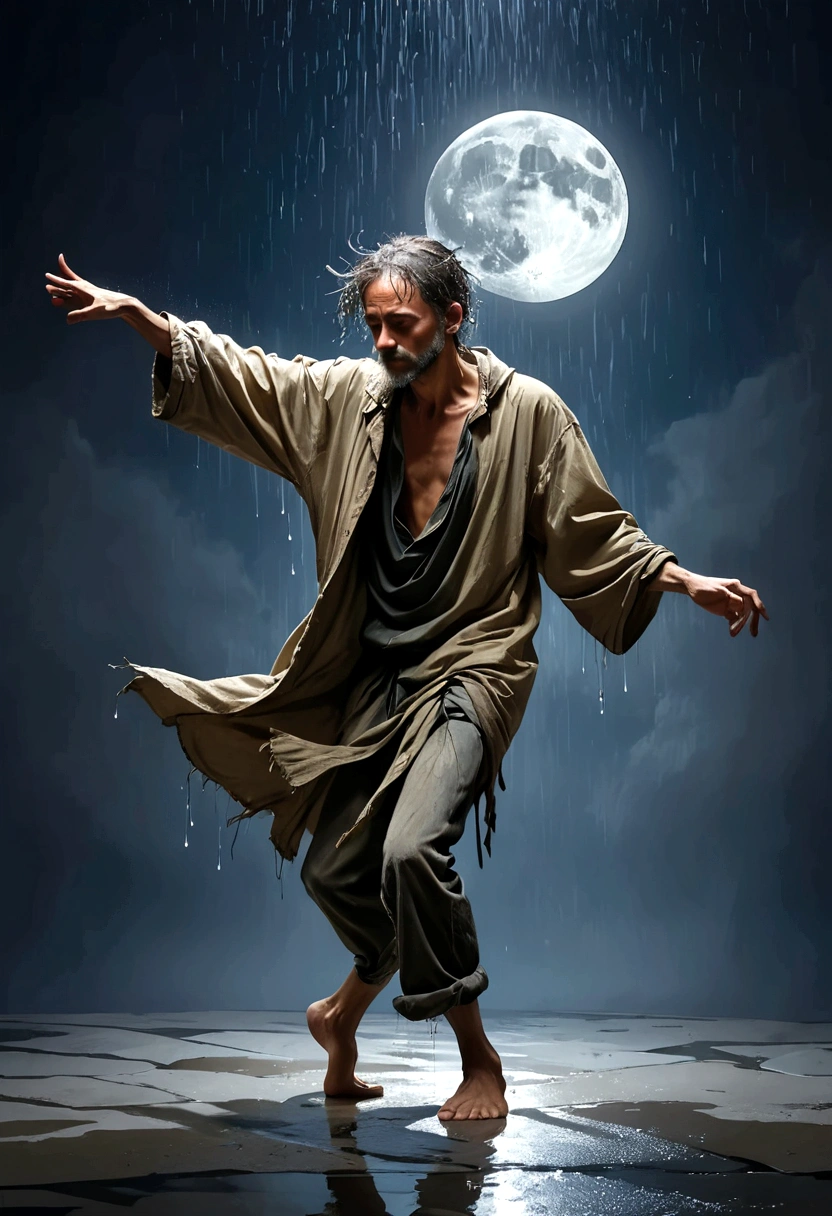 Soul Dancer Mark,A homeless man dances alone in the moonlight and rain，barefoot，Loose and worn clothing，Professional Action，Highly contagious，splash，Light and Shadow，Minimalism，artistic conception，Clean background