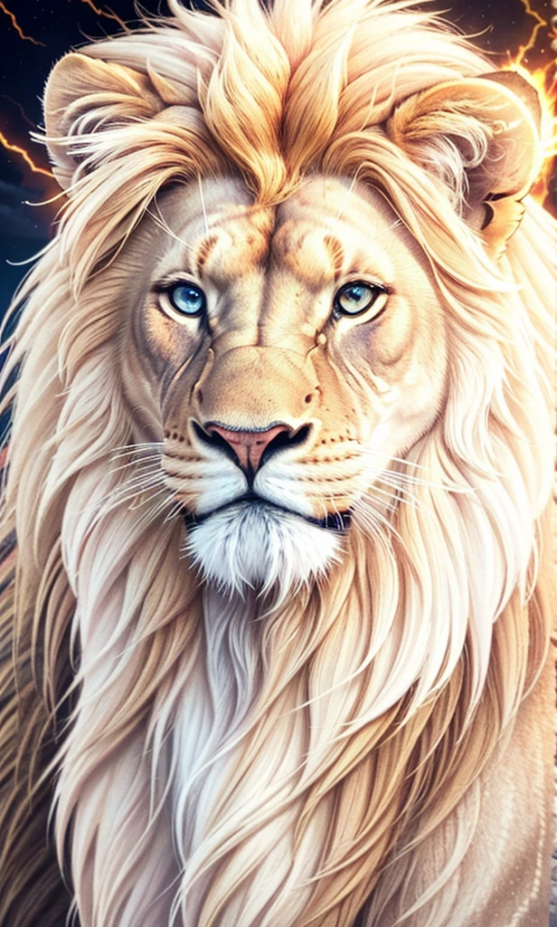Lion, Divine Lion, naturals, thunder, Realistic Lion, rey, realistic detailed, Sunset light, sky, Sol noturno, realistic detailed 16K, Eletricidade Detalhada 8K, darkness background, Texturas realistas de 8K, Cores photorrealistic 8K, fire azul, realistic detailed Fire Bolt, sky Light Detailed, Power of thunder, Divine realistic, gold color, Divine gold, golden light, naturey, linda, Rendering, photorrealistic, UltraHigh definition, 4K, detailed textures, thunder, detailed shadows, detailed colors, neon blue, blue light, lightnings, blue power, naturey linda, Great Divine, peaceful face, naturalss, lightning, Electric Power Screw, detailed contrast, realistic contrast, high resolution, detailed colors, fire, villany, divine creature, 8K FullHD, realistic detailed, 16K, 8K, High definition, detailed contrast, realistic contrast, high resolution, detailed colors, fire, villany, divine creature, 8K Realistic Lion Face, realistic detailed, posh, elegance