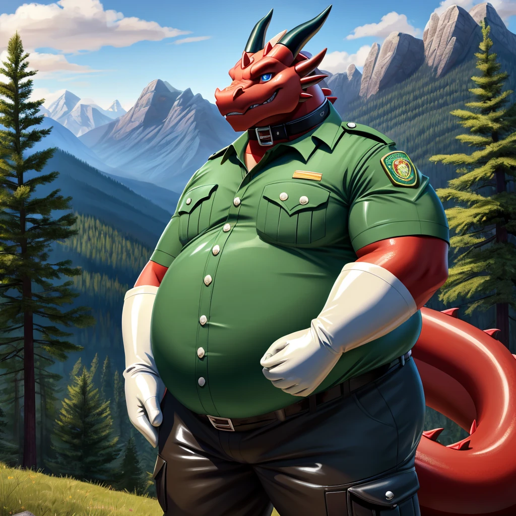 solo, full body, Male, fat, extremely obese, Dragon, park ranger, trousers, outdoor, park ranger uniform, collared shirt with buttons, blue eyes, (soft shading), 4k, hi res, ((detailed face, detailed)), looking at viewer, evil grin, Dragon is wearing the collared shirt and leather collar at the same time, Dragon is wearing a glossy leather dog collar around the neck, Dragon is wearing white rubber gloves on the hands, white rubber gloves on the feet, gloves are rubber in texture, leather collar is shiny, leather collar is extremely detailed, rubber gloves are glossy, Evergreen pine forest and mountains national park in the background, Environmental protection area.