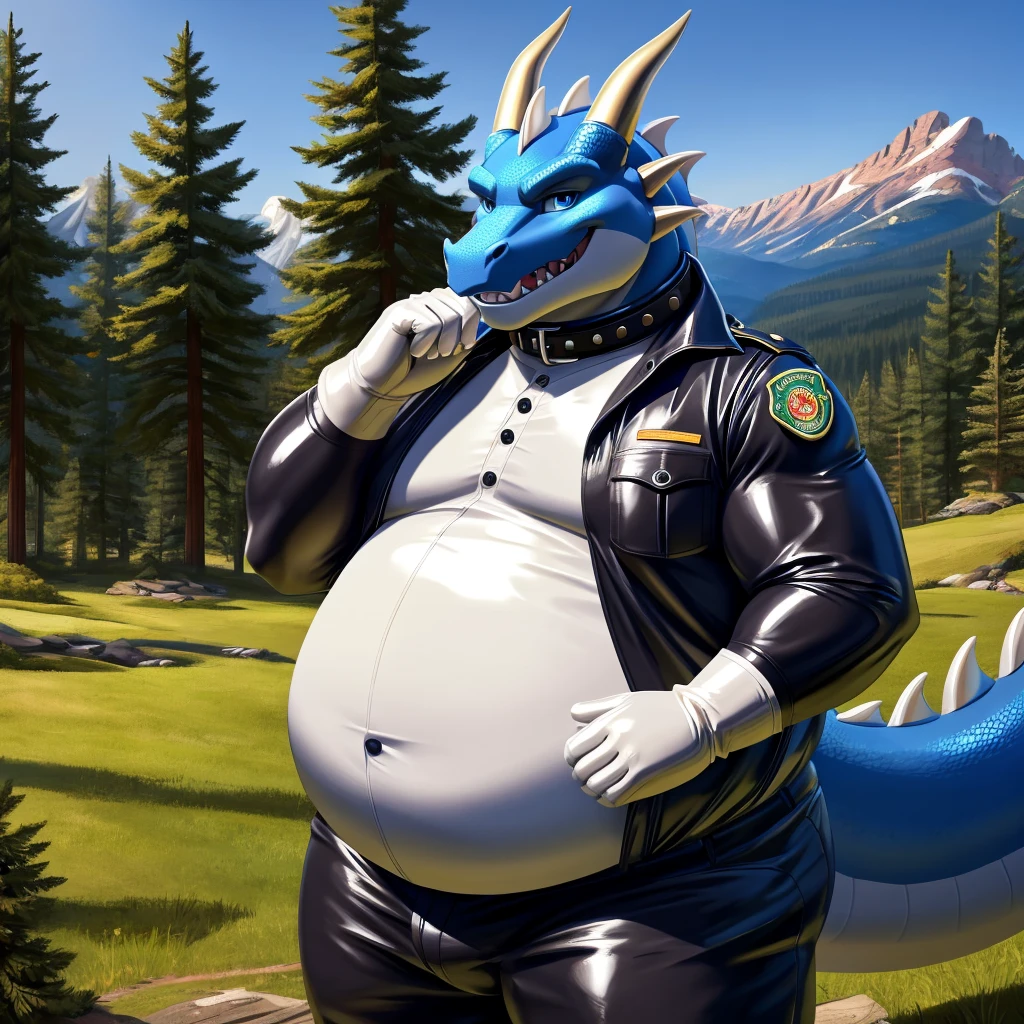 solo, full body, Male, fat, extremely obese, Dragon, park ranger, trousers, outdoor, park ranger uniform, collared shirt with buttons, blue eyes, (soft shading), 4k, hi res, ((detailed face, detailed)), looking at viewer, evil grin, Dragon is wearing the collared shirt and leather collar at the same time, Dragon is wearing a glossy leather dog collar around the neck, Dragon is wearing white rubber gloves on the hands, white rubber gloves on the feet, gloves are rubber in texture, leather collar is shiny, leather collar is extremely detailed, rubber gloves are glossy, Evergreen pine forest and mountains national park in the background, Environmental protection area.