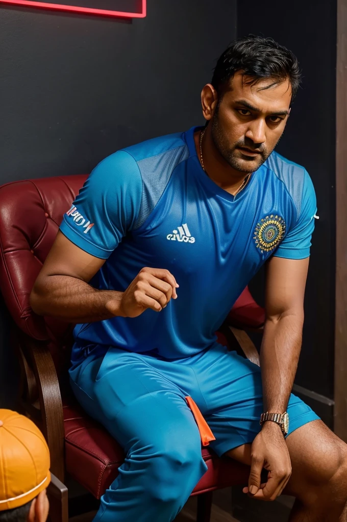 Create a 3D illusion for a profile picture where Mahendra singh dhoni wearing indian blue jersy sitting on a wingchair with side look to blessing a 25 year old boy by laying his right hand on boy heads. The boy pray before him, because 25 year old boy is die hard fan of this cricket player. The boy also wearing blue sport t shirt name " Avisek " and also put 7 at below. The background features " DHONI SIR " in big and capital red neon light fonts on the dark grey wall. "