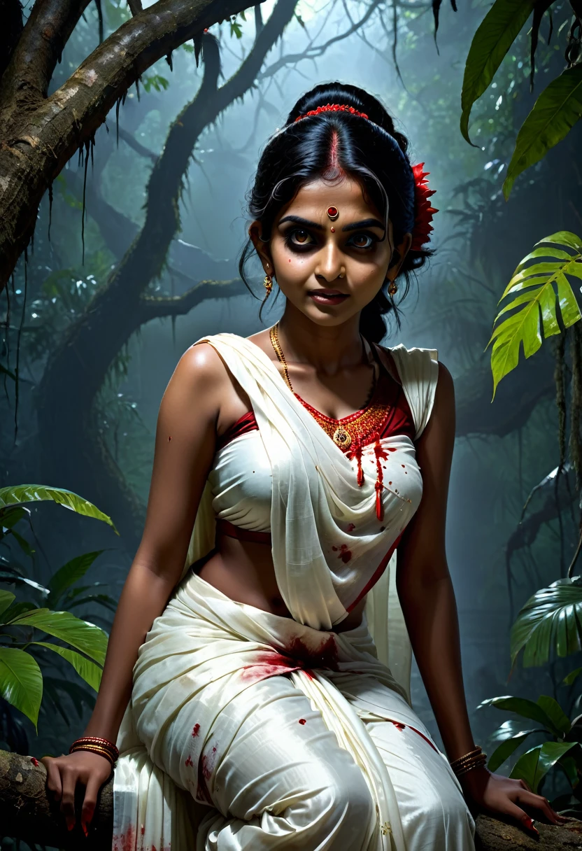 (jungle ambience) (horror dark effect) (full body) a beautiful indian beautiful  ghost girl wearing sleeveless white blood stained saree, (big but covered) sitting on a tree branch, scary bloody face, cruel smiling expression, seductive, detailed face, detailed eyes, detailed lips, 8k, high quality, ultra-detailed, realistic, photorealistic, physically-based rendering, vivid colors, horror, dark fantasy, moody lighting, dramatic lighting