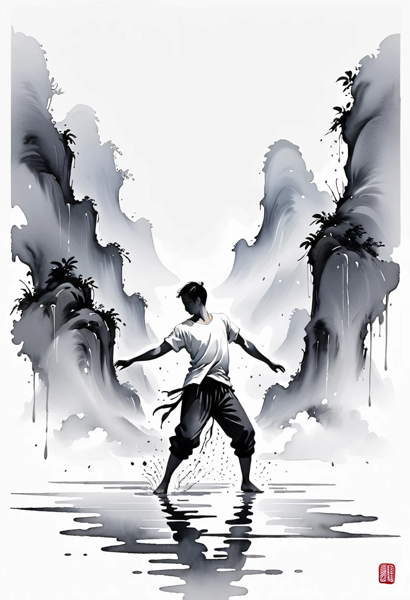 中国Ink Painting, Gray and White, Minimum,White background,Waterway, Minimalism, Huge negative space, Ink Painting, Abstract,heavy rain,A person dancing in the rain