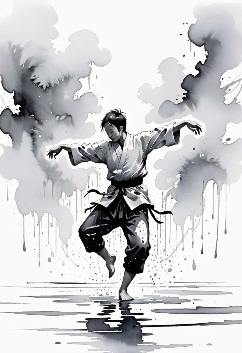 中国Ink Painting, Gray and White, Minimum,White background,Waterway, Minimalism, Huge negative space, Ink Painting, Abstract,heavy rain,A person dancing in the rain