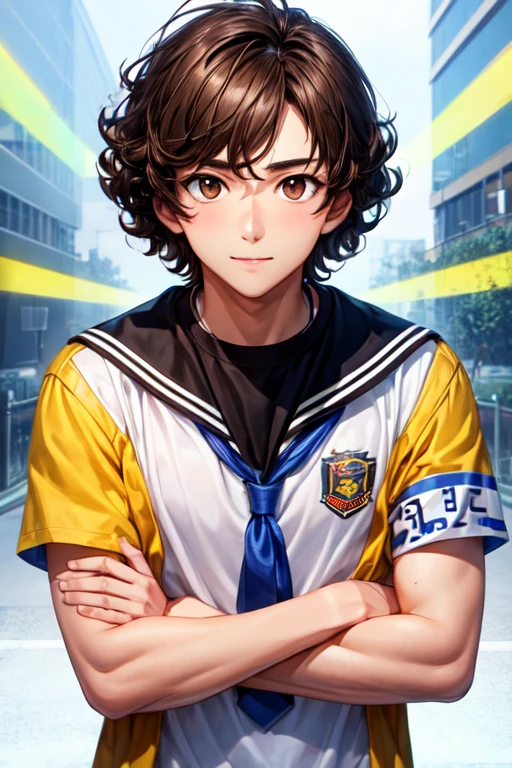 30-year-old boy with dark curly brown hair and bright brown eyes wearing school clothes and with aerokinesis powers