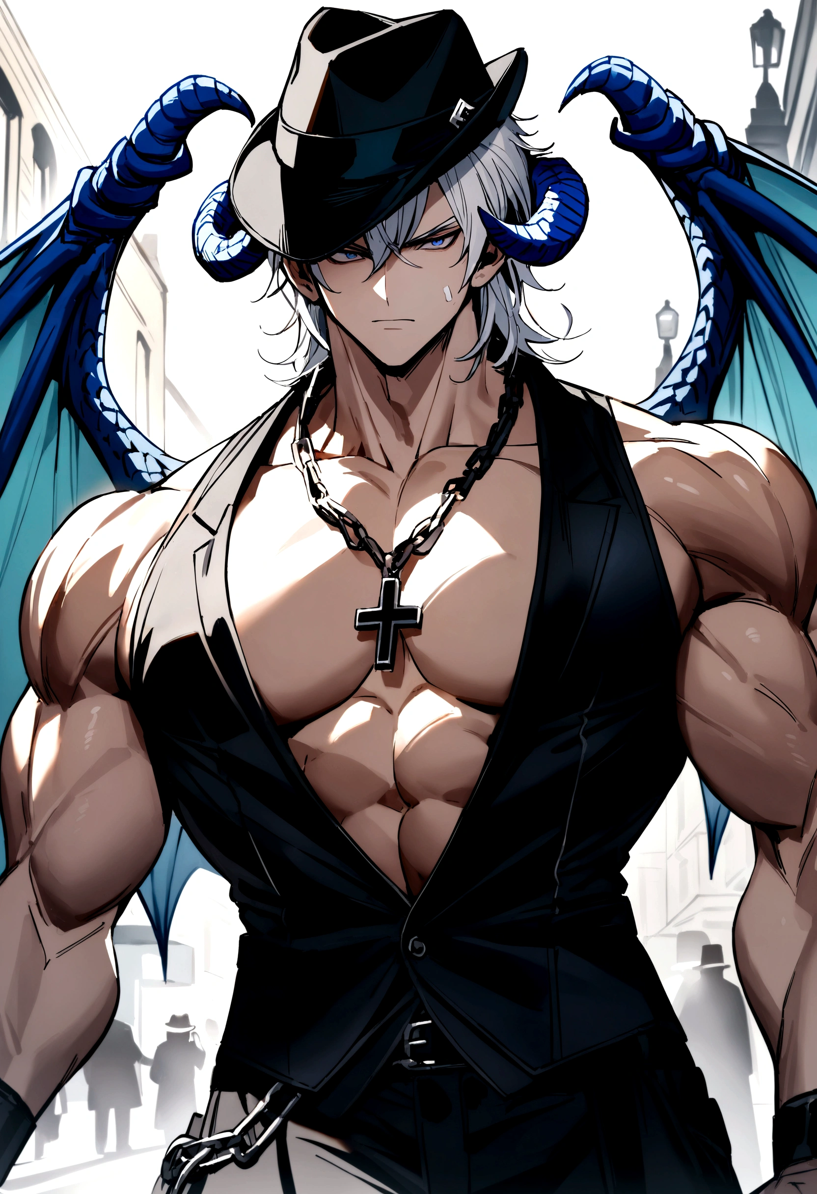 homen,Strong muscles, short white hair, best quality,open chest vest, blue and black clothes, Dragon Wings, black cloth on face, black cross chain around neck, black fedora hat with blue dragon horns on hat, in london