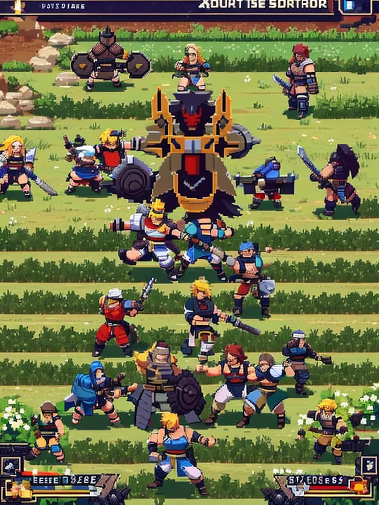 2d, pixel art, The Warrior is the front line of the group, wearing sturdy iron and leather armor, and wielding a broadsword and ornate shield. He excels in melee combat, using powerful strikes and defensive abilities such as Devastating Slash and Iron Wall to protect his allies and deal great damage to enemies.