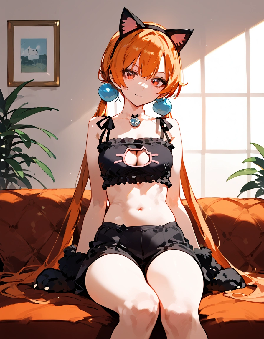 anime artwork, score_9, score_8_up, score_7_up, score_6_up, score_5_up, score_4_up,alisasr, 1girl, orange hair, red eyes, fake black cat ears, hairband, long hair, very long hair, twintails, hair ornament, hair bobbles, low twintails,, \\\\\\ style_3, floox style \\\\\ , cat lingerie, paws gloves, cat tail, sit on sofa, lower body