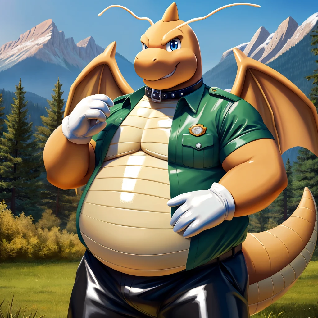 solo, full body, Male, fat, extremely obese, Dragonite, park ranger, trousers, outdoor, park ranger uniform, collared shirt with buttons, blue eyes, (soft shading), 4k, hi res, ((detailed face, detailed)), looking at viewer, evil grin, Dragonite is wearing the collared shirt and leather collar at the same time, Dragonite is wearing a glossy leather dog collar around the neck, Dragonite is wearing white rubber gloves on the hands, white rubber gloves on the feet, gloves are rubber in texture, leather collar is shiny, leather collar is extremely detailed, rubber gloves are glossy, Evergreen pine forest and mountains national park in the background, Environmental protection area.