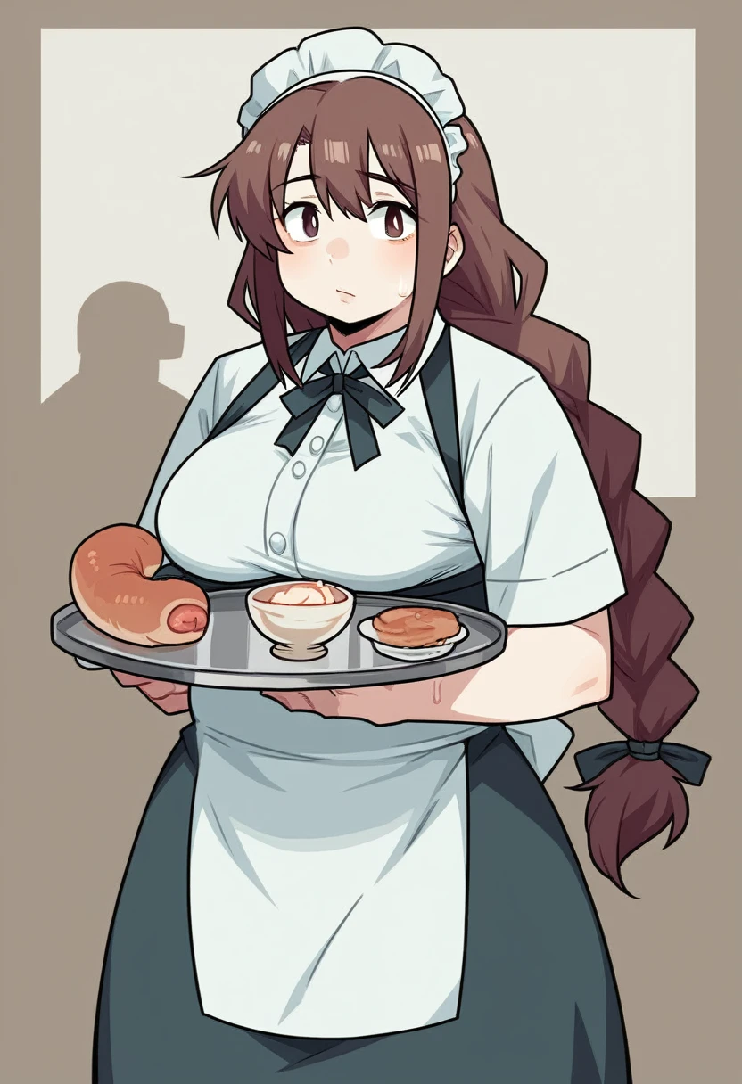 score_9, score_8_up, score_7_up, source_anime, BREAK, (((yew))), , 1girl, solo, chubby, waitress, waitress uniform, thicc, holding a tray, brown hair, long hair braided hair