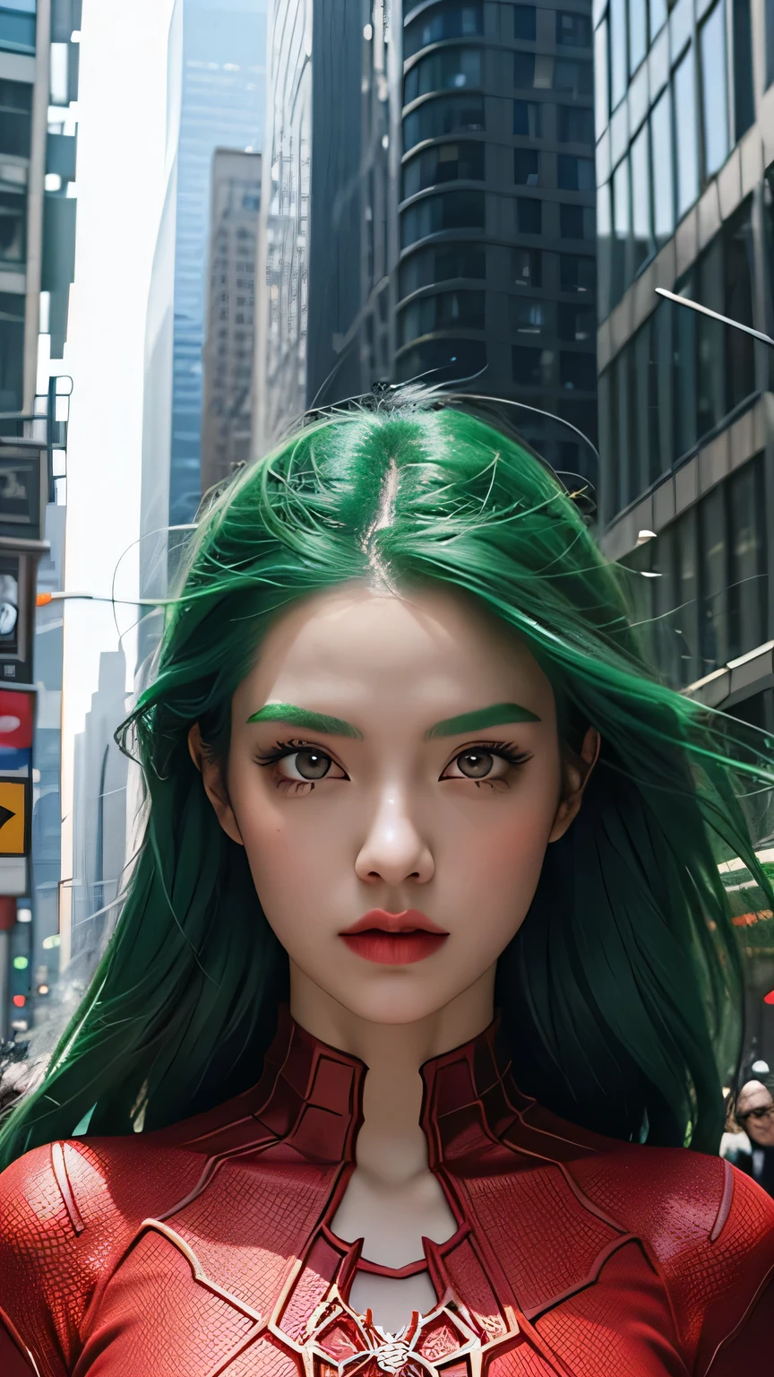 spider-woman, red suit, dangerous, beautiful eyes, green hair, half body, masterpiece, ultra high details, Manhattan city 