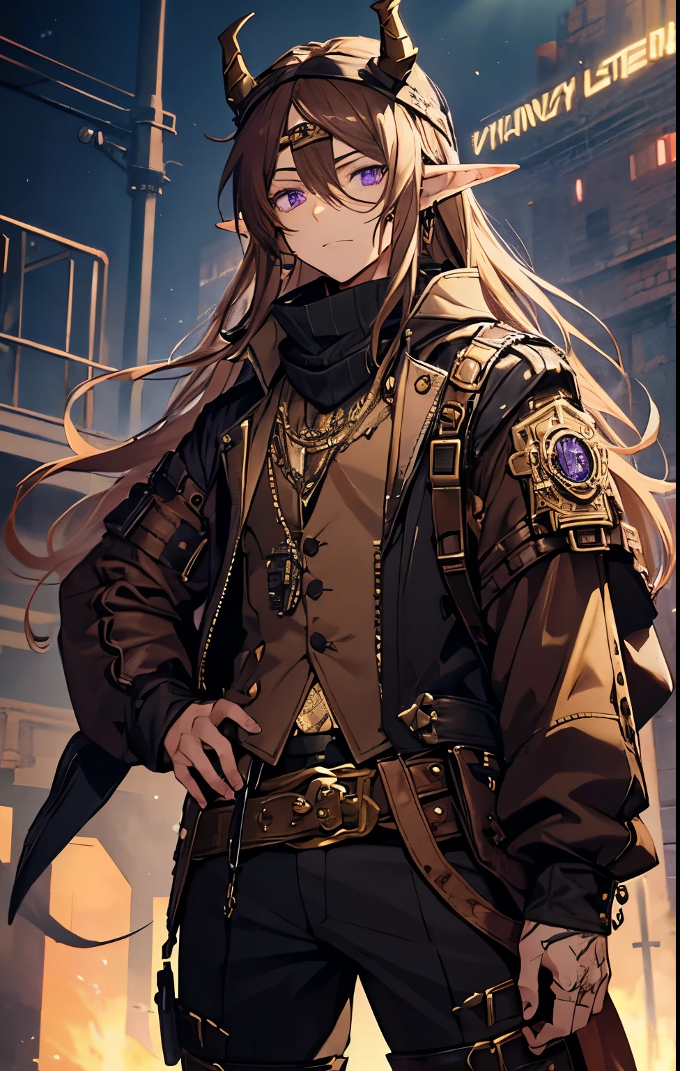 Male, brown long hair, light skin, elf ears with jewelry on ears, horns, purple eyes with cool design, steampunk, wearing goggles on head, wearing spiked facemask, wearing jacket, wearing long bandana, wearing baggy pants and a spiked belt, steampunk inspired outfit