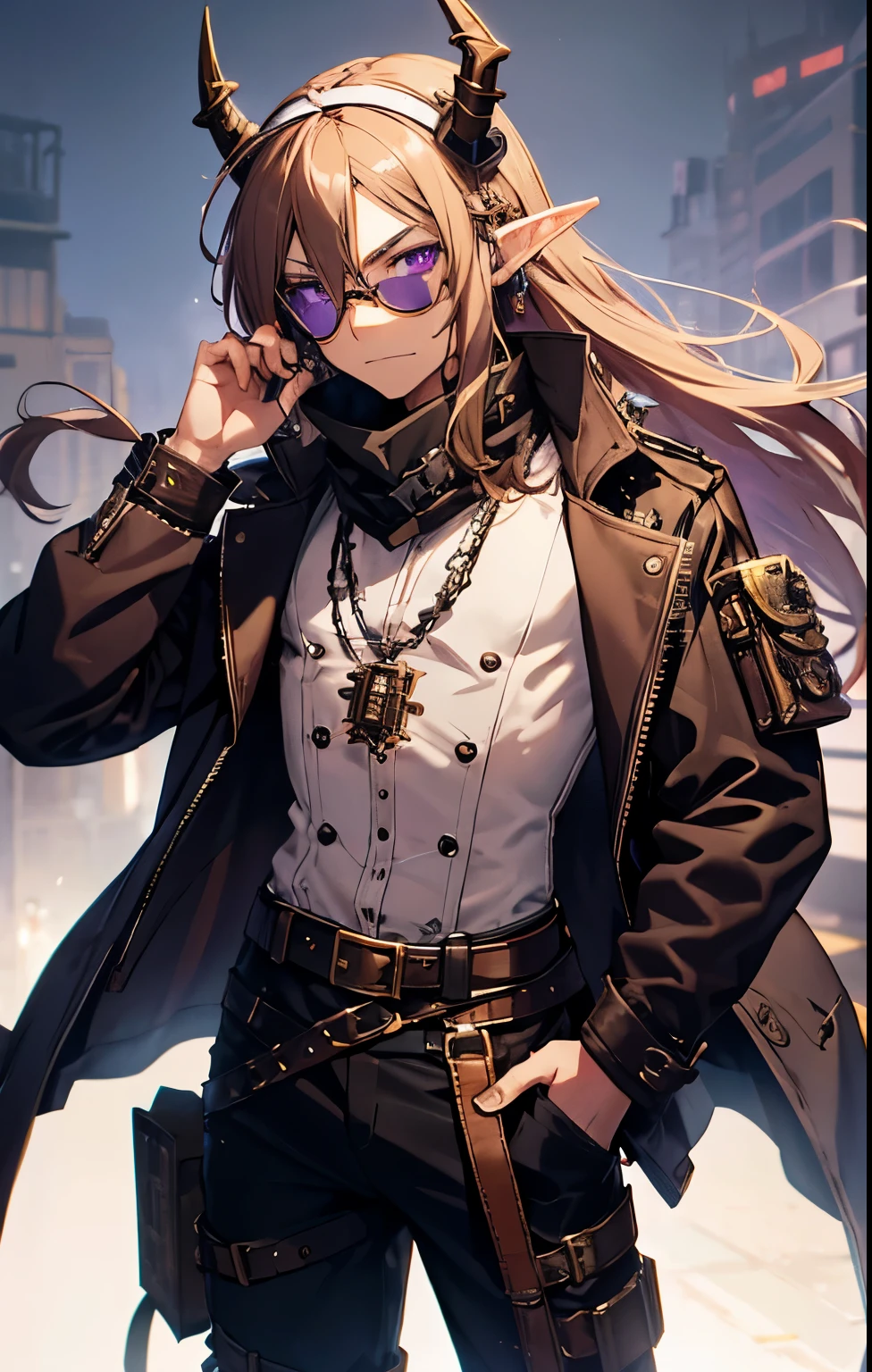 Male, brown long hair, light skin, elf ears with jewelry on ears, horns, purple eyes with cool design, steampunk, wearing goggles on head, wearing spiked facemask, wearing jacket, wearing long bandana, wearing baggy pants and a spiked belt, steampunk inspired outfit