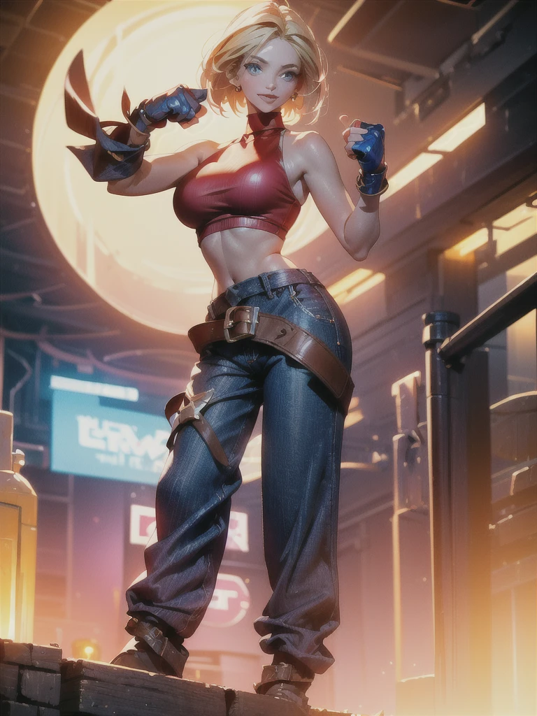 30-year-old woman, alone, athletic, jacket, semi-short blonde hair, wears a tight red crop top, wears blue dogger pants with a large star painted inside a circle on her left leg, has a huge colored belt brown hanging almost falling off his waist, wears blue fingerless gloves, wears brown boots, smiling at viewer, pointing at viewer, high resolution, absurd, intricate, sharp focus, sunset on the beach, 40 megapixels, 500 dpi, best quality, masterpiece, high resolution, perfect image, highly detailed, high contrast, digital colors, simple, medium shot, cinematic, ultra sharp focus, award-winning photography, perfect contrast, high sharpness, depth of field, ultra detailed photography, global illumination, fluid, ultra high definition, 8k, Unreal Engine 5, ultra sharp focus, award winning photography, art season trends,
