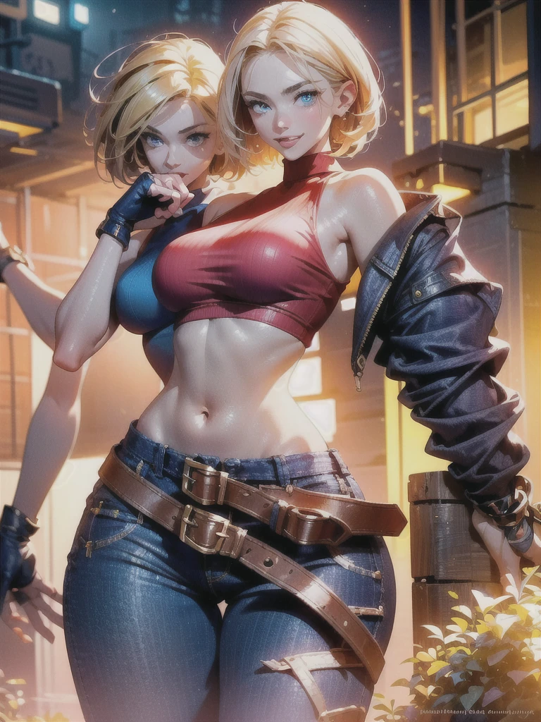 30-year-old woman, alone, athletic, jacket, semi-short blonde hair, wears a tight red crop top, wears blue dogger pants with a large star painted inside a circle on her left leg, has a huge colored belt brown hanging almost falling off his waist, wears blue fingerless gloves, wears brown boots, smiling at viewer, pointing at viewer, high resolution, absurd, intricate, sharp focus, sunset on the beach, 40 megapixels, 500 dpi, best quality, masterpiece, high resolution, perfect image, highly detailed, high contrast, digital colors, simple, medium shot, cinematic, ultra sharp focus, award-winning photography, perfect contrast, high sharpness, depth of field, ultra detailed photography, global illumination, fluid, ultra high definition, 8k, Unreal Engine 5, ultra sharp focus, award winning photography, art season trends,
