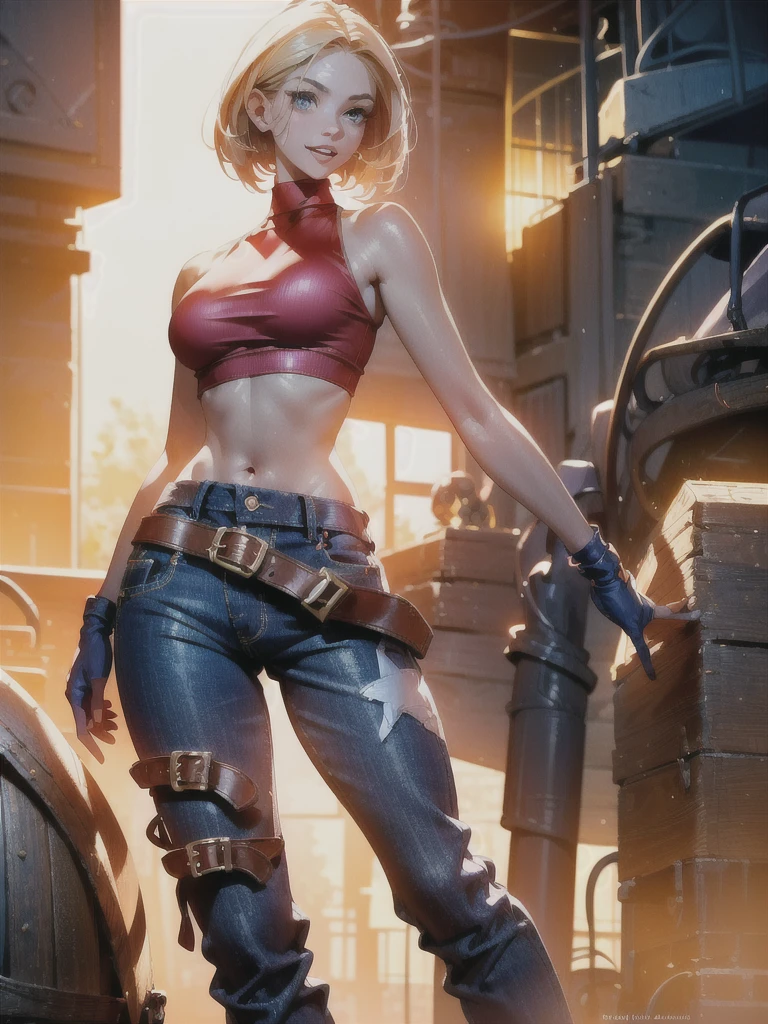 30-year-old woman, alone, athletic, jacket, semi-short blonde hair, wears a tight red crop top, wears blue dogger pants with a large star painted inside a circle on her left leg, has a huge colored belt brown hanging almost falling off his waist, wears blue fingerless gloves, wears brown boots, smiling at viewer, pointing at viewer, high resolution, absurd, intricate, sharp focus, sunset on the beach, 40 megapixels, 500 dpi, best quality, masterpiece, high resolution, perfect image, highly detailed, high contrast, digital colors, simple, medium shot, cinematic, ultra sharp focus, award-winning photography, perfect contrast, high sharpness, depth of field, ultra detailed photography, global illumination, fluid, ultra high definition, 8k, Unreal Engine 5, ultra sharp focus, award winning photography, art season trends,