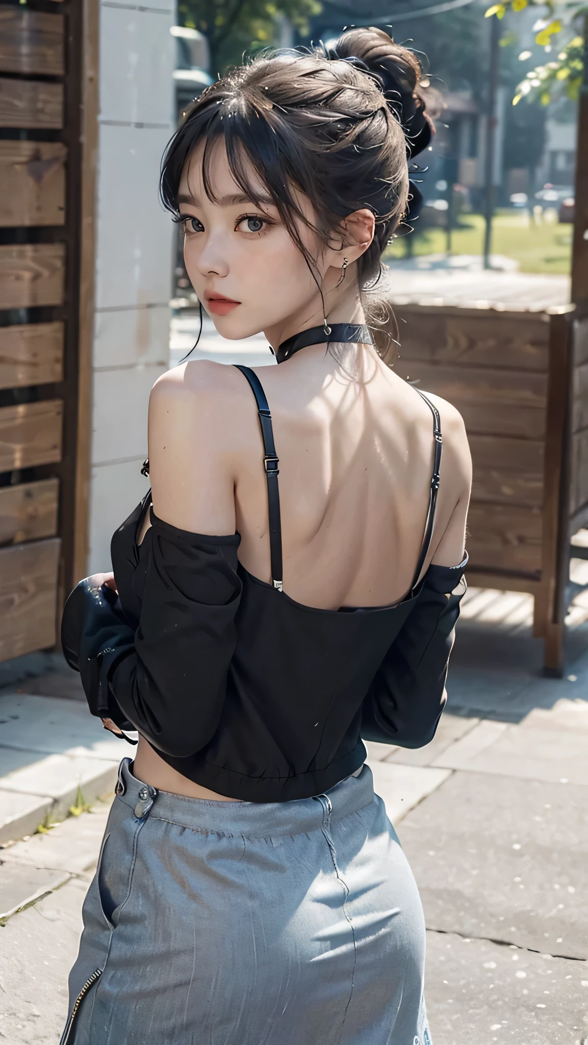 1girl, aqua eyes, back, bangs, bare shoulders, black gloves, blue eyes, braid, choker, earrings, fingerless gloves, from behind, gloves, grey hair, holding, jacket, jewelry, long hair, looking at viewer, looking back, nail polish, off shoulder, parted lips, piercing, ponytail, red jacket, solo, upper body,baiyi,[[realistic]],(shiny skin),(masterpiece:1.4),(best quality:1.4)