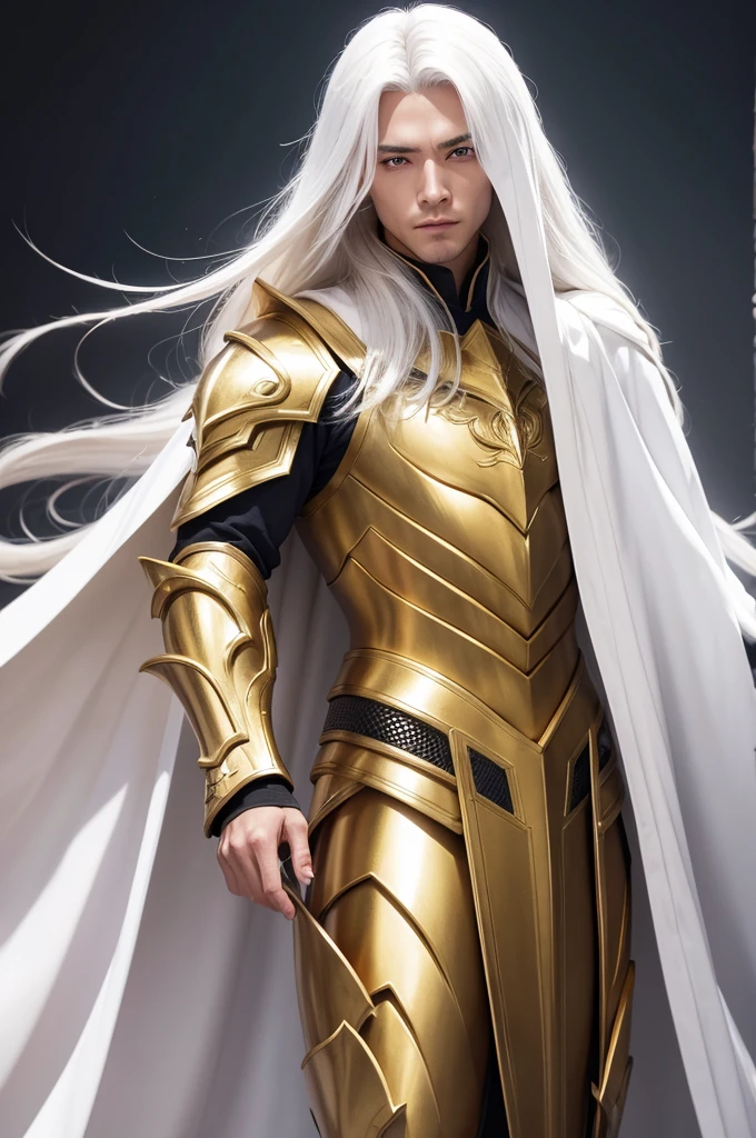 A man with long platinum hair,wearing golden armor with a white cloak